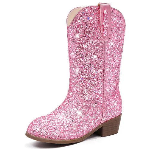 Glitter Girls Pointy Toe Cowgirl Boots - Synthetic, Low Heel, Mid-Calf Sparkly Dress Boots for Toddler-Big Kid, Cowboy & Country Girl Aesthetic, Party Birthday Horse Riding Footwear,back to school,sohochic