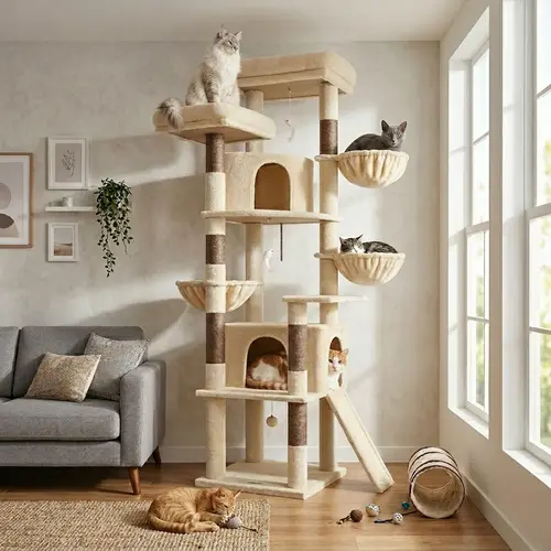 DESKAT F76 76-in Tall Freestanding Cat Tree with Natural Sisal Scratcher, Multi-Level Play, Maximum Stability Base, 2 Condos, 3 Hammocks, 2 Plush Perches, Spacious Privacy Zones for Large/Small Cats - Living Room Unit