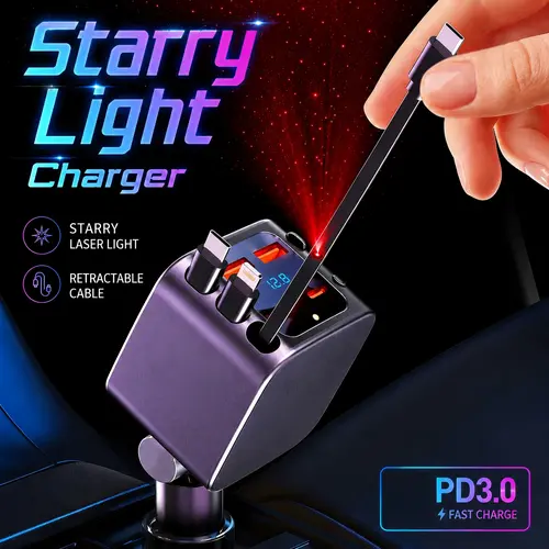 Nuokaiqi [2026 Upgraded] 120W Power High Speed Phone Charger - 7-in-1 Retractable Auto Accessories with Voltage Display, Atmosphere Lamp, Star Projector for iPhone, Android to Eliminate Cable Mess (On-the-Go Use), High Speed Charger, Cars toolupgrade