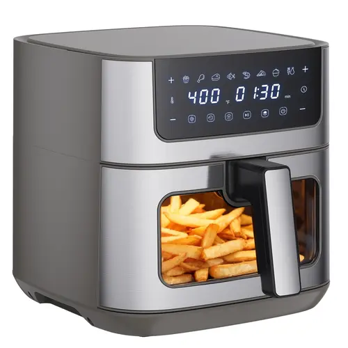 Sweetcrispy Stainless Steel Air Fryer, 6.34QT Capacity with See-Through View Window, 8 Food Presets, 400°F Max Sear, 90-Min Timer, Nonstick Dishwasher-Safe Basket for Air Fry, Roast, Bake