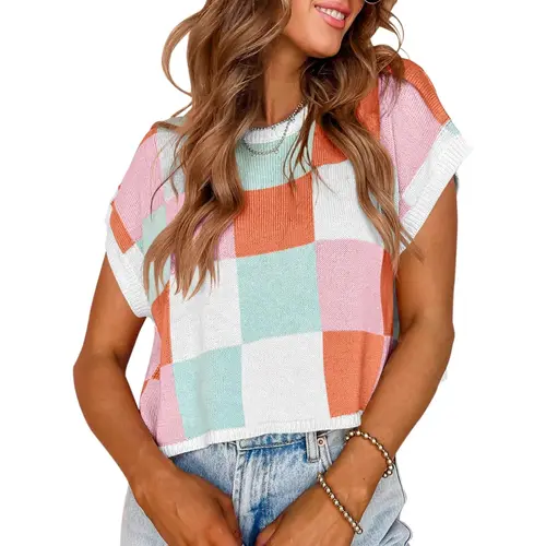 Saodimallsu Women's Fitted Polyester Knitwear Crop Top - Round Neck Shortsleeve Color Block Women's Tops, Trendy Casual Clothes for Summer Going Out, Spring Wear,summerwins summerwins,back to school,back to school shopping,sohochic