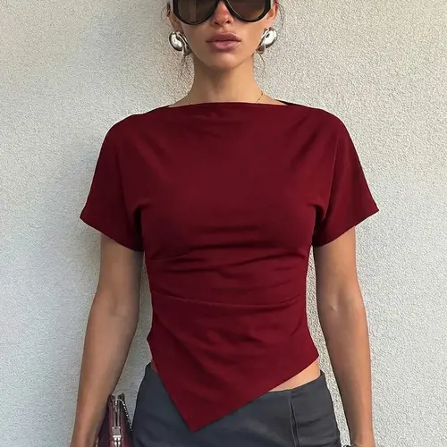 Women's Solid Color Boat Neck Irregular Hem T-shirt Top, Plain Asymmetrical Ruched Short Sleeve Slim Fit Tees Blouse, Party Club Date Holiday Music Festival Daily Y2K Casual Elegant Crop Tops Shirts For Ladies All Seasons Summer Fashion Clothes Wear