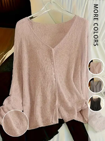 Loose Long Sleeve Sun Protection Knitwear Button Cardigan, Lightweight Breathable Summer Casual Fitted Top, Layered Look for Lazy Style, Knitting