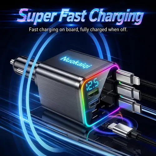 9-in-1 Phone Charger,Retractable Automotive High Speed Charger - QC3.0&PD2.0, 150W Max Plastic Auto Accessory, 4 Retractable Cables, 5 Ports , Smart Chip, LED Voltage Display, Lightning & Universal for iPhone&Android, Road Trip Essential,toolupgrade
