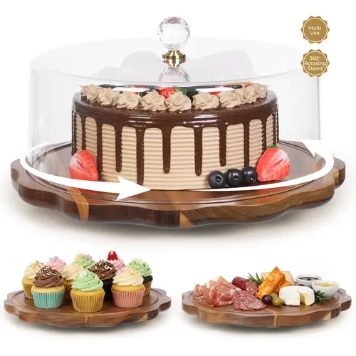 Zumeler 13 in 360°Rotating Acacia Wood Cake Stand with Lightweight Smooth Acrylic Dome Lid, Petal-Edge Display for Bakery Host, Birthday Gift Ideas & Decoration