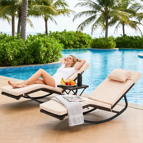 ZZWHOM 3pcs/Pack Ergonomic Armless Outdoor Lounge Chairs - Water-Resistant, Foldable, Easy to Move, 400lbs Load, Anti-Slip Pads, Side Table, Removable Pillow, Curved Rockers, 70cm Backrest Height, Stable, Pre-Assembled Outdoor Furniture for Best Friends