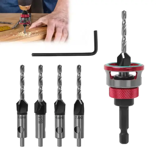 4PCS High Carbon Steel 4-Blade Countersink Drill Bit Set with Depth Adjust Stop, L-Shape Wrench Tool, Included Tool for Woodworkers’ Precision Drilling in Wood/Plastic,toolupgrade