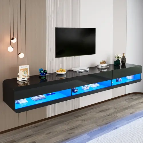 94.5" Wall Mounted Floating TV Console with LED Lighting, Built-In Power Outlet, High Gloss Finish, Open Storage Shelves for Living Room Decor, Clutter Control & Power at Hand