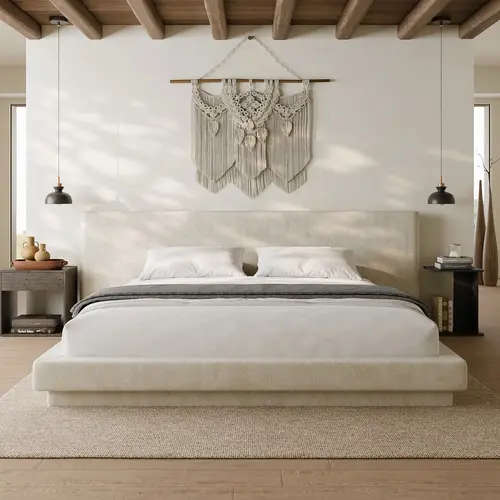 RECCI AirFrame Upholstered Floating Bed Frame - Curved Extra Wide Cushioned Headboard, Low Profile, No Box Spring Needed, Mattress Not Included, Foam Edges Soften Bumps, Modern, Sturdy, Anti-Toe Cushion,sohochic