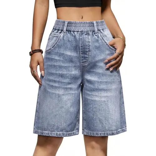 Yousify Women's Elastic-Waisted Denim Bermuda Shorts - Knee-Length, Loose Fit, Soft Denim Flex, Trendy Jort Vibe, Shorts for Women, Everyday Wear, Baby Blue, Knee Length Shorts, Denim, Everyday Wear