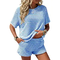 Fisoew Womens Striped 2 Piece Outfits Casual Short Sleeve Shirts Tops Knit Shorts Sets Workout Tracksuits Matching Sets Summer Knit Set Womenswear