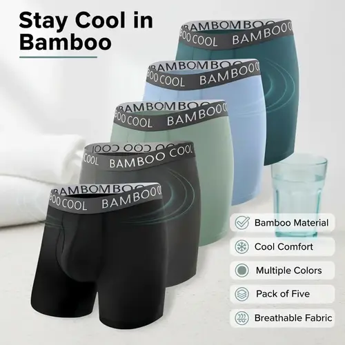 BAMBOO COOL Men's Bamboo Fabric Boxer Briefs, 5-Pack - Breathable, Lightweight, Minimalist Natural Stretch Menswear with 3D U-Pouch, Seamless Back, Classic Plain for All-Day Soft Comfort