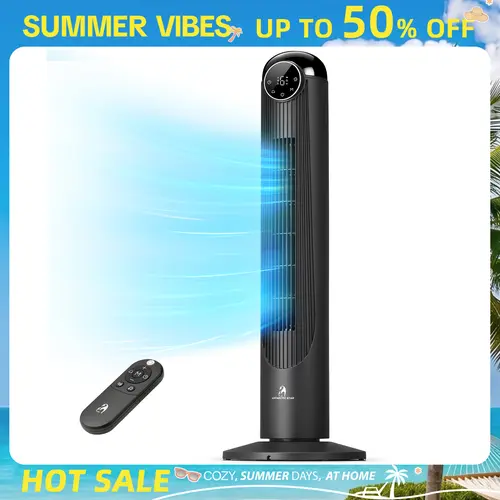 【SummerFinds】Antarctic Star T36 Tower Fan for Bedroom, 2026 Upgraded DC Motor, 26ft/s High Velocity, 22dB Ultra Quiet Standing Fan, 6 Speeds & 4 Modes, 90° Oscillating Bladeless Fan with 9H Timer, Floor Fans with Remote, Black