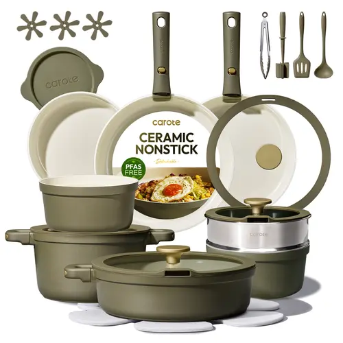 [Official]Carote 28pcs Olive Green Ceramic Cookware Set with Detachable Handles, Pots and Pans Set Non Stick, RV Kitchen Cooking Pot and Pan, Lid, Frying, Induction