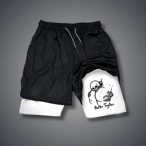 Men's Double-Layer Graphic Shorts - Black, Camo - Streetwear, Vacation Outfits - Bottoms for Menswear Ensembles