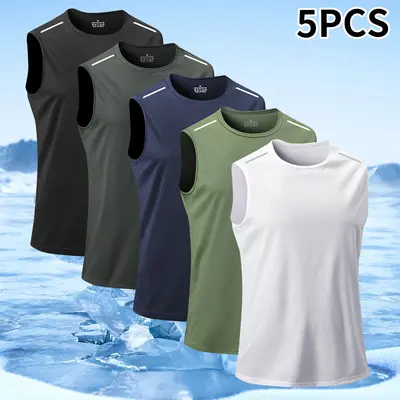 5-Piece set, men's sports breathable light sleeveless loose vest, quick-drying round neck sleeveless top, suitable for activities, gym training and sports wear,summervibes