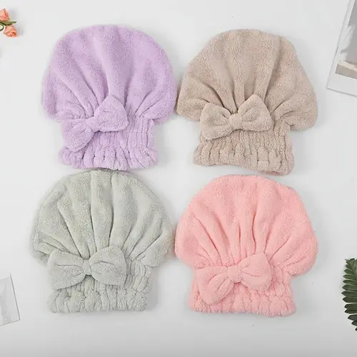 Women's 2-Piece Soft Ultra-Absorbent Hair Drying Cap Set, Cute Bow Decor Towel Wrap, Reusable Solid Color Bathroom Accessory, Self Care Gift for Travel, Ideal for Shower & Morning Prep & Post-Shower Use, Chic