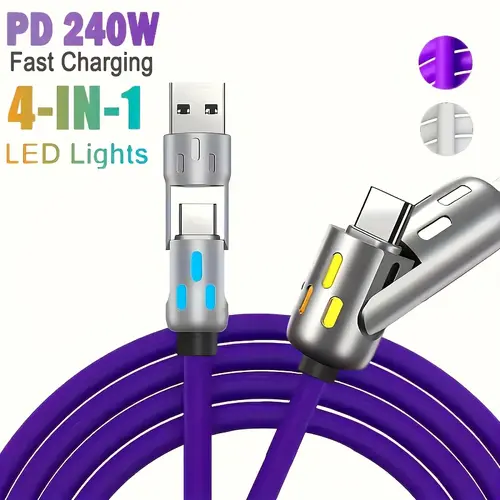 4-in-1 Multi-Device Fast Charging Cable Adapter Charger - 240W 6mm Braided, RGB LED Light, PD & QC Compatible, Lightning/C-Type Ports, 5ft for Mobile Phones, Laptops, Tablets, Fast Chargers, Cable Adapter Chargers