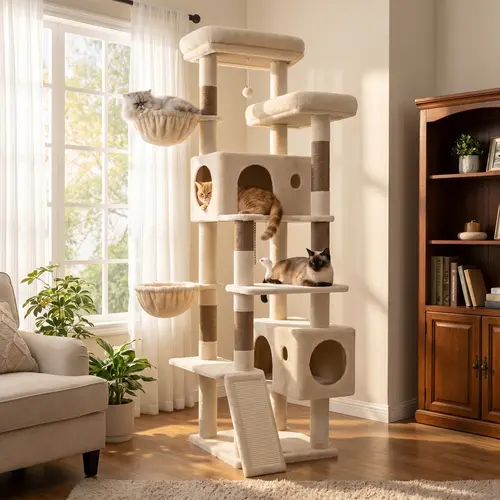 DESKAT S77C 77-Inch Freestanding Heavy Duty Construction Cat Tree with High-Quality Materials, Scratching Posts, Vertical Scratcher, Climbing Design, 2 Condo Hideouts, Hammock, Dual Sleeping Zones, Enhanced Stability for Large Cats to Boost Claw Health