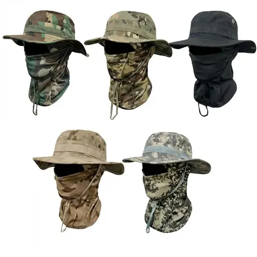 Yeomoo Round-Brim Camouflage Fisherman Hat Set with Detachable Flap & Mask, Hiking Sports & Outdoor Hat with Neck Cover, Breathable Mesh Vents for Sun Protection, Camping, Fishing