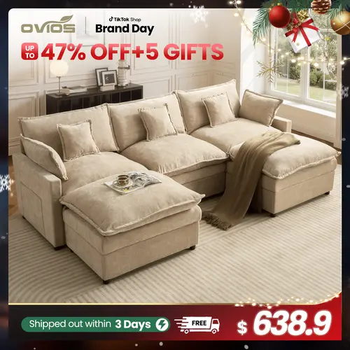 【2/3 Packages Shipping】Ovios 108" U-Shaped Modern Sofa Modular Sectional Cloud Couch with 2 Ottoman, Comfy Chenille Deep Seat Sofa Bed with 5 Pillows for Living Room, Bedroom and Apartment, 5-Seater