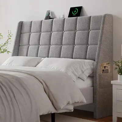 【SohoChic】ONBRILL Ergonomic Upholstered Full/Queen Size Headboard w/Charging Station, Linen Wingback Headboards w/Storage Pocket, Full Headboard Only, Bed Frame Adapters, Sturdy Solid Wood Bed Head Board