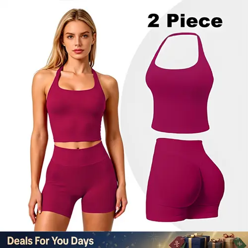 [SIZE UP 1] GYMER Seamless Halter Top & Butt Lifting Impact Shorts 2 Piece Workout Set | Scrunch Butt Gym Outfit for Women