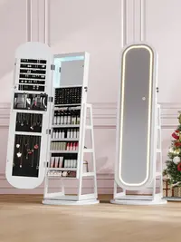 【Full-Length LED Mirror】ONBRILL Gorgeous Lockable 360° Swivel Jewelry Cabinet w/ Light,Jewelry Organizer Armoire Standing w/ Interior Mirror&Storage Shelve for Cloakroom LivingRoom Bedroom Furniture【BackToSchool】