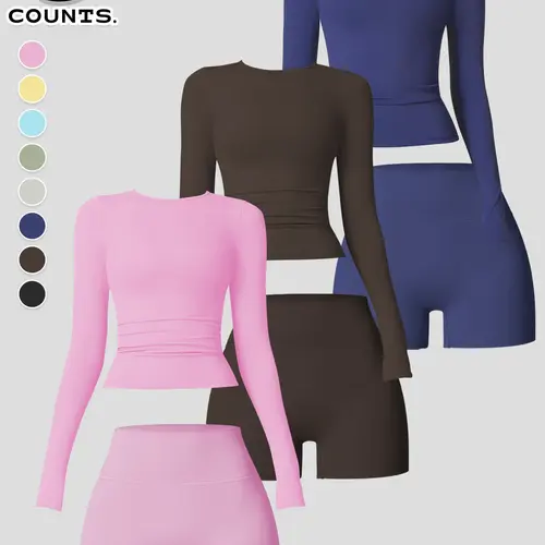 Women's 2/6 Piece Sport Set, Long Sleeve Round Neck T-Shirt and High Waist Tight Shorts, Casual Yoga for All Seasons, Activewear Fitness Outfit
