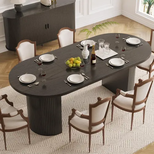 【SohoChic】ONBRILL 70.8 Inch Dining Table for 4-6, Oval Dining Room Table with Curved Fluted Wood Strip Base, Mid-Century Modern Kitchen Tables with Footpads, Dinner Tables for Living Room, Dining Room