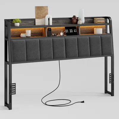 【SohoChic】ONBRILL Ergonomic Upholstered Headboard for Bed (Queen/King Size, Headboard Only) - 2-Tier Storage, Color Changing LED Lights, USB Ports, Height Adjustable, Sturdy Base, Modern Bedroom Furniture Home Decor, Linen Upholstery Feels Soft