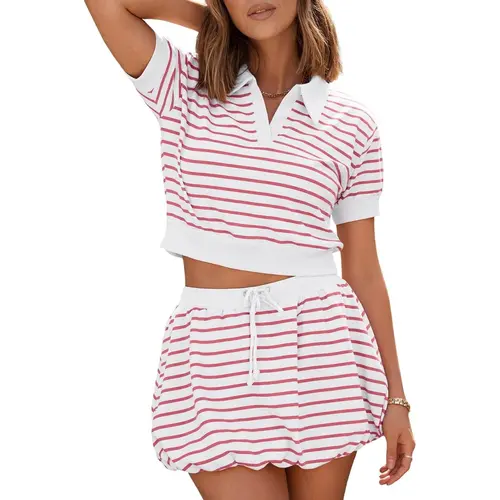 Fisoew Women's Collared Short-Sleeve Casual 2-Pcs Striped Bright Patterned Matching Outfits - Bubble Mini Skort Set, Multi-Size for Summer Vacation Beach Bathing Suit Cover-Up,sohochic