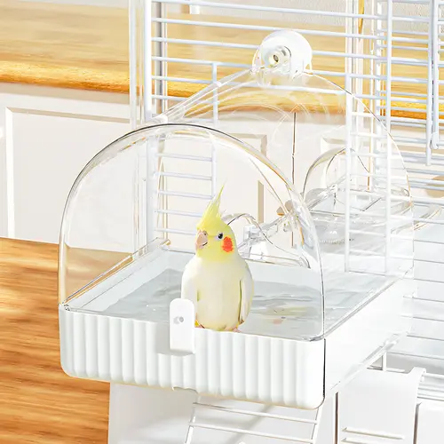 Bucatstate 3-in-1 Transparent Hanging Bird Bath (7.05×6.69×7.74 in) Pet Supplies - Leak-Proof Clean Accessory, Pullout Drawer, Easy-Install Wire Cage Add-On, Food Bowl, Space for Small-Medium Pets