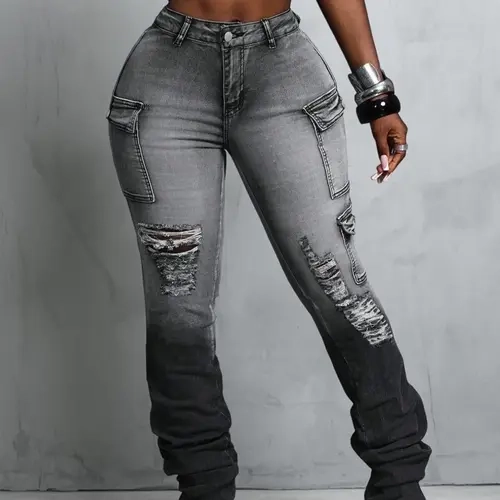 Plus Size Women's Street Style Elastic Denim Jeans, Distressed Ripped Design, All-Season Casual Pants