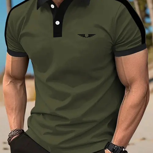 Men's Summer Wing Print Lightweight Color Block Short-Sleeve Button-Down Collar Polo Shirt - Golf Style Menswear for Casual Sports, Business Work, Holiday Outfits, Gift for Boyfriend or Husband