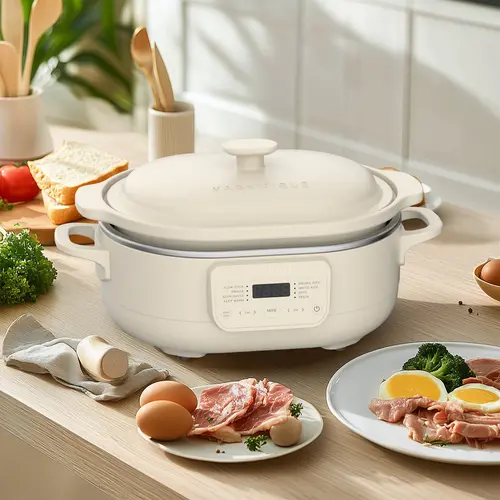 MAGNIFIQUE 8-in-1 Functions Multifunction Cooking System - 4-Qt Lead/Cadmium-Free Nonstick Porcelain Stoneware Pot, Digital Display, 500°F Oven-Safe, 120V, Wooden Spoon Included, Slow Cooker, Fits 2 lb. Roast, for Family & Potlucks