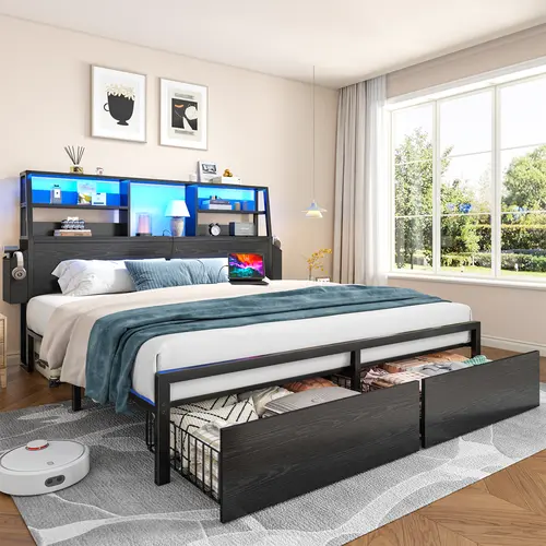 Raybee LED Bed Frame for Queen with 2 Storage Drawers & Bookcase, 2 Pockets & 6 Shelves, Modern Industrial Platform Bedframes with Headboard & Built-In Power Outlet, No Noise, Holds 1100 LBS with Metal Slats, Black, Rusticn Brown, Full, Queen, King