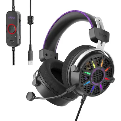 Fifine H19 Over-Ear Open-Back USB Gaming Headset for Gaming - 7.1 Virtual Surround Sound, 53mm Dynamic Drivers, Customizable RGB Lighting, Handy Control Box, Detachable Boom Mic Stays Ready, 108 dB Loud Clarity, Compatible with PC, PS5, PS4, Laptop