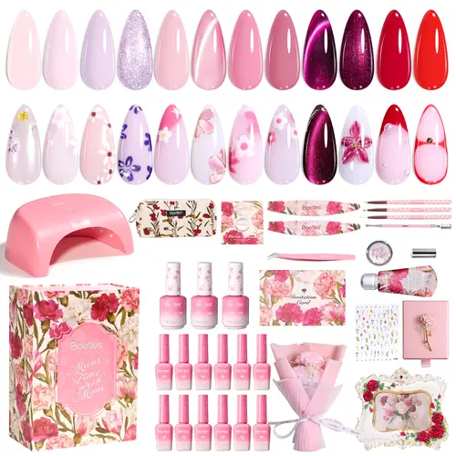 Beetles HEMA-Free Dual-Free Low Odor Gel Nail Polish Set - 5-Color Multi-Pack Mani Time Gift Box with Shea Butter Hand Cream, Nail Supplies, Mother's Day Gifts for Moms