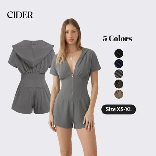 Cider Textured V-neck Ruched Front Romper with Zipper and Hood - Casual Sporty style Jumpsuit Womenswear