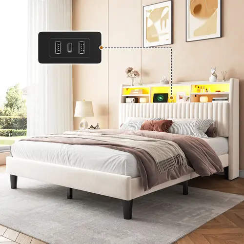 Raybee Luxury Bed Frame with Bookcase on Velvet Upholstered Headboard, LED Bed Frame for Queen/Full/King with Power Outlet, Modern French Platform Bed Frame, No Box Spring, No Noise, Holds 700-1000 LBS for Teens Dorms, Apartment, Guests Room,