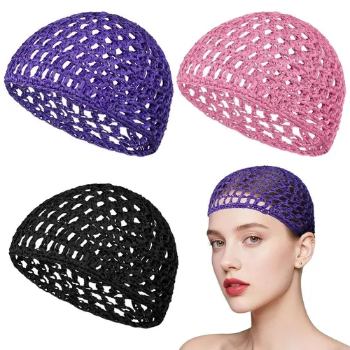 Humwam 3-Pack Reusable Crochet Mesh Shower Caps - Palm-Designed, Soft, Anti-Slipping, Breathable Bathroom Tub Accessory, Hair Protection Net for Shampoo Coverage, Fresh Hair Gift for Mothers, Girlfriend,sohochic