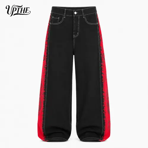 UP THE Men's Baggy Denim Jeans - Dark Wash Plain Wide Leg, Cuffed Hem & Button Detail, Casual Fashion Streetwear, Hip Hop Ready, Roomy Street Fit, Machine Washable Pants (Black, Gray)