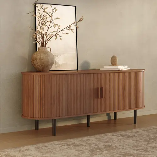 【Sliding Doors Design】ONBRILL 55"/63"/71"/86" Gorgeous Fluted TV Stand for TVs up to 60/70 Inch, Modern Entertainment Center with Power Outlet & Adjustable Shelves Storage for Living Room, Media Console,Bedroom Furniture,Christmas Gift【SohoChic】