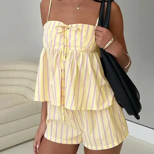Striped Spaghetti Strap Cami Top Sleeveless Short Pants Set Women Sexy Statement Chic Casual Everyday Daily Outfits Cute Shorts 2 Piece Set Womenswear