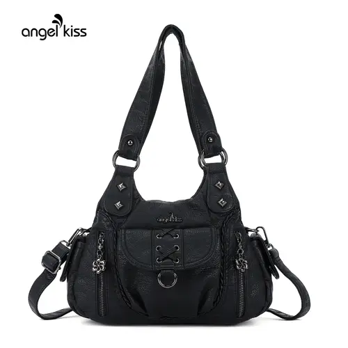 Angel Kiss Bag for Women (12" x 4" x 8")- Y2K Vegan Leather Small Hobo Black Shoulder Bag, Multi-Pocket Everyday Handbag Satchel, Crossbody Tote