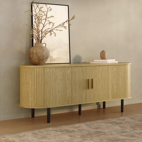 【Sliding Doors Design】ONBRILL 55"/63"/71"/86" Gorgeous Fluted TV Stand for TVs up to 60/70 Inch, Modern Entertainment Center with Power Outlet & Adjustable Shelves Storage for Living Room, Media Console,Bedroom Furniture,Christmas Gift【SohoChic】