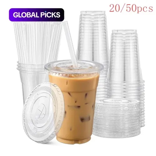 20/50 Pack 16 oz Transparent Plastic Drinking Cups with Lids and Straws, Disposable Clear Cups for Iced Coffee, Cold Drinks & Smoothies, Party Supplies #GLOBAL PICKS
