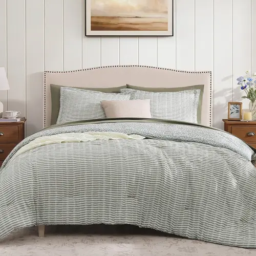 Full Comforter Set - 7 Pieces Green Gauze Muslin Bedding Sets for All Seasons, Lightweight Breathable Bed in a Bag Full with Revesible Farmhouse Comforter, Sheets, Pillowcases & Shams