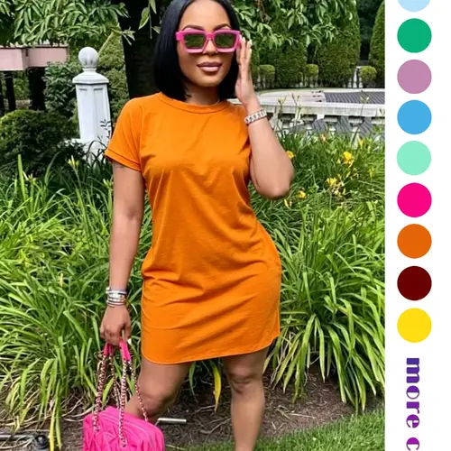 Women's Casual Dress, Loose Flowy Short Sleeve Round Neck Summer Sun Protection Dress, Comfortable Soft Breathable Mid-Length Pocket Dress, Elastic Fit Midi Dress